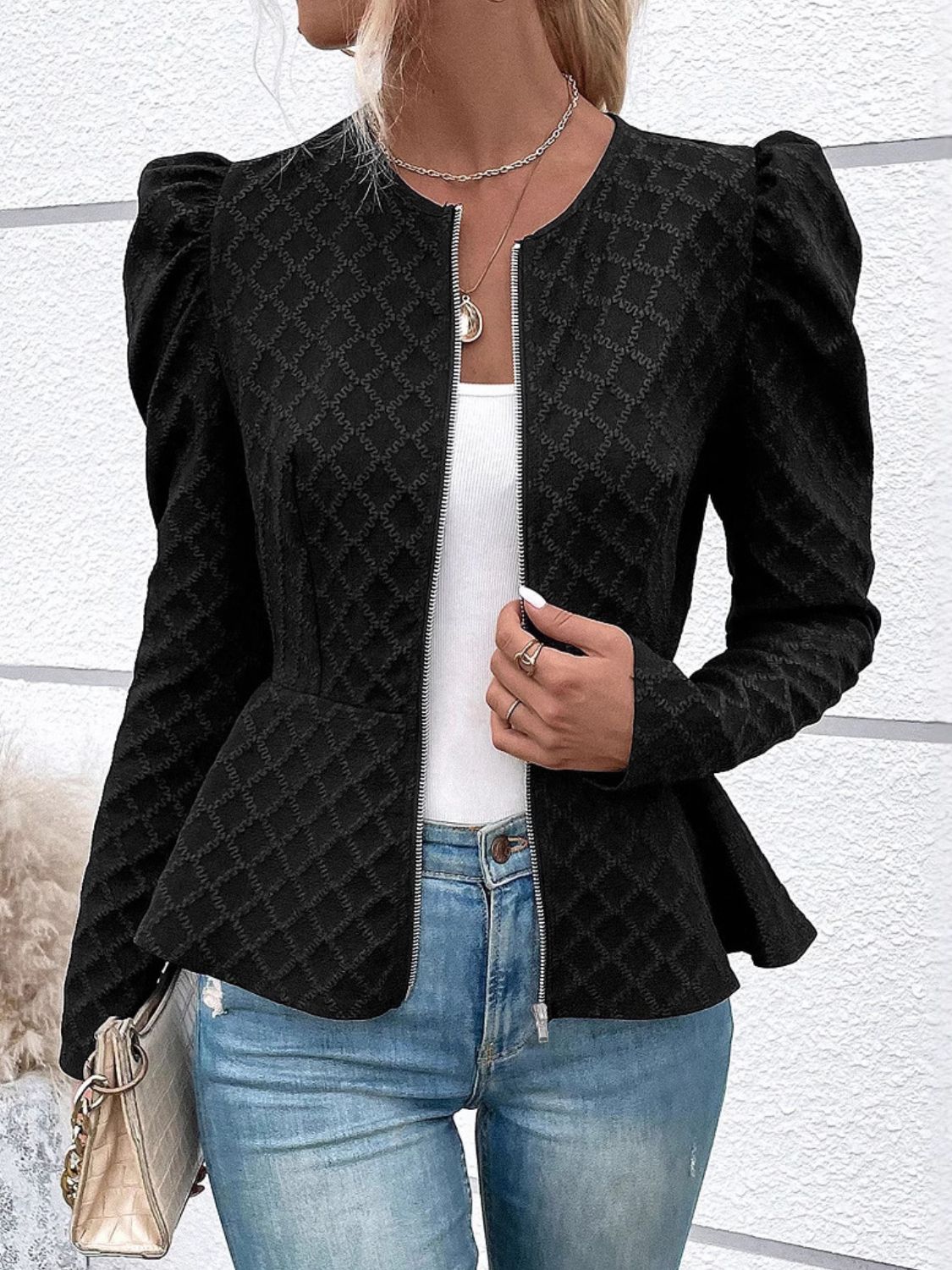 Zip Up Puff Sleeve Jacket | Sugarz Chique Boutique