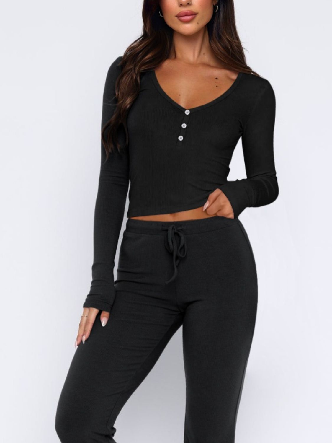 V-Neck Long Sleeve Top and Pants Set | Sugarz Chique Boutique