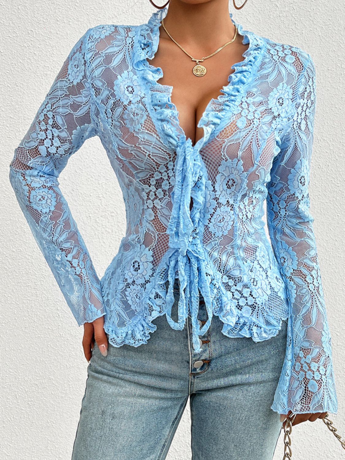 Tied V-Neck Long Sleeve Lace Top | Sugarz Chique Boutique