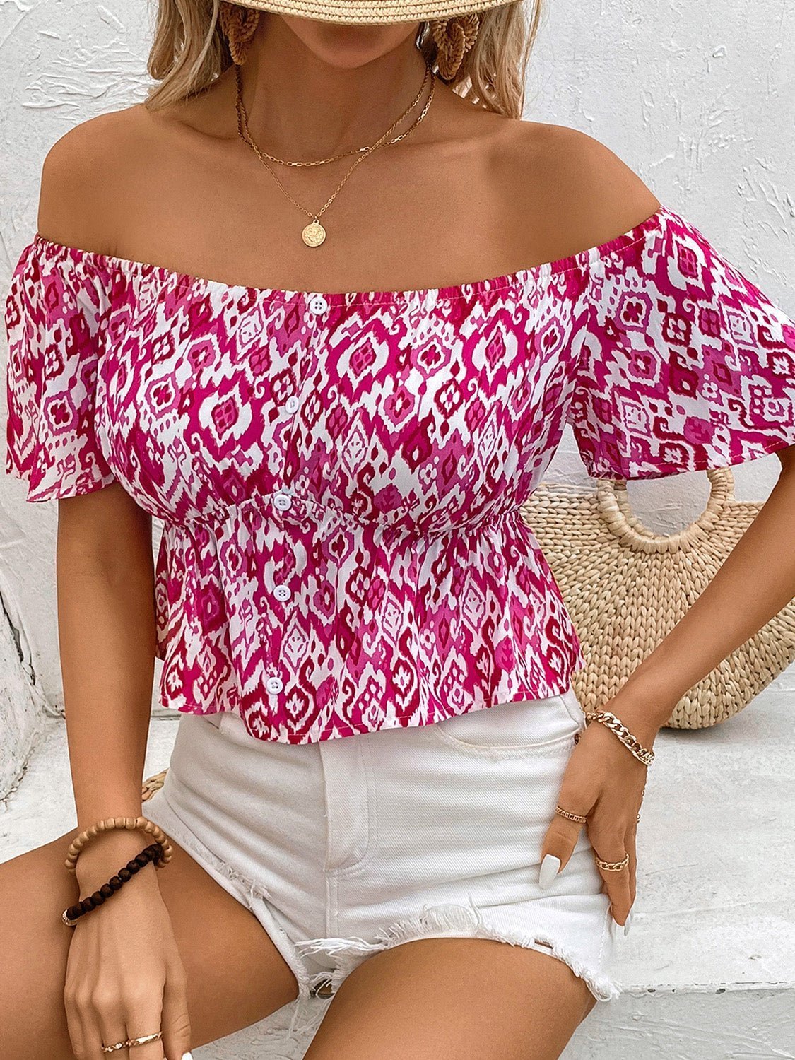 Peplum Printed Off-Shoulder Short Sleeve Blouse | Sugarz Chique Boutique