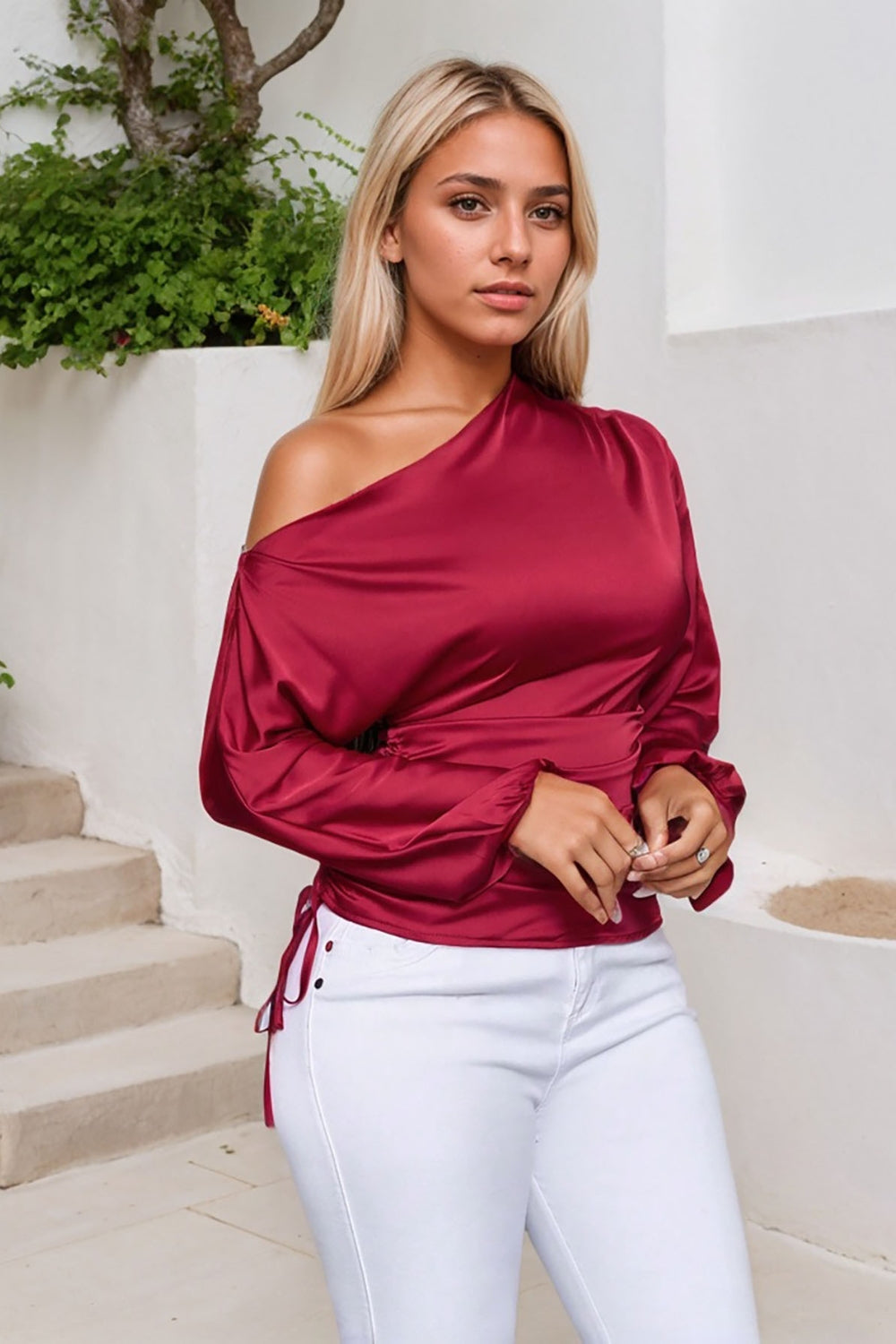 Drawstring One Shoulder Long Sleeve Blouse | Sugarz Chique Boutique