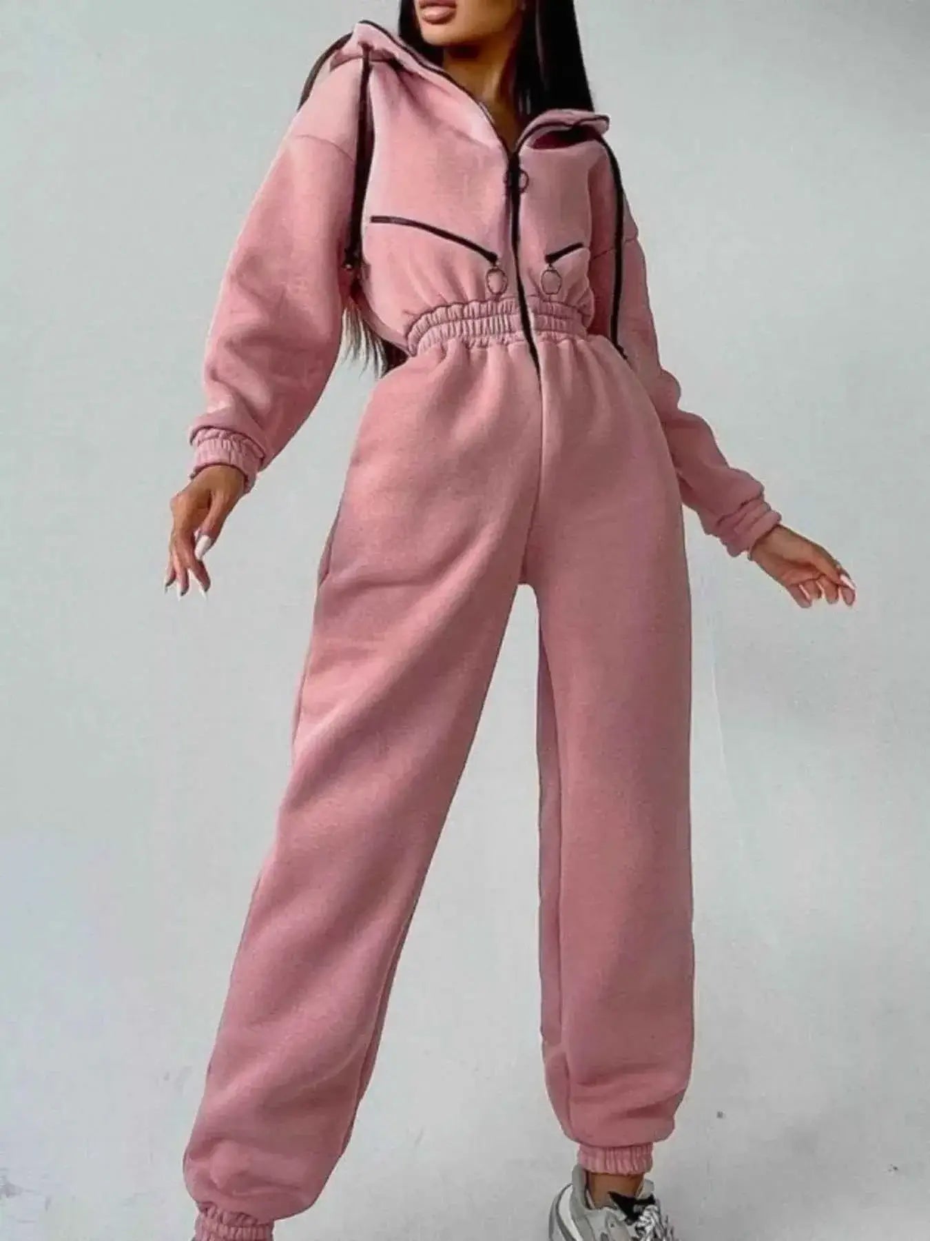 Hooded Zip-Up Long Sleeve Jumpsuit