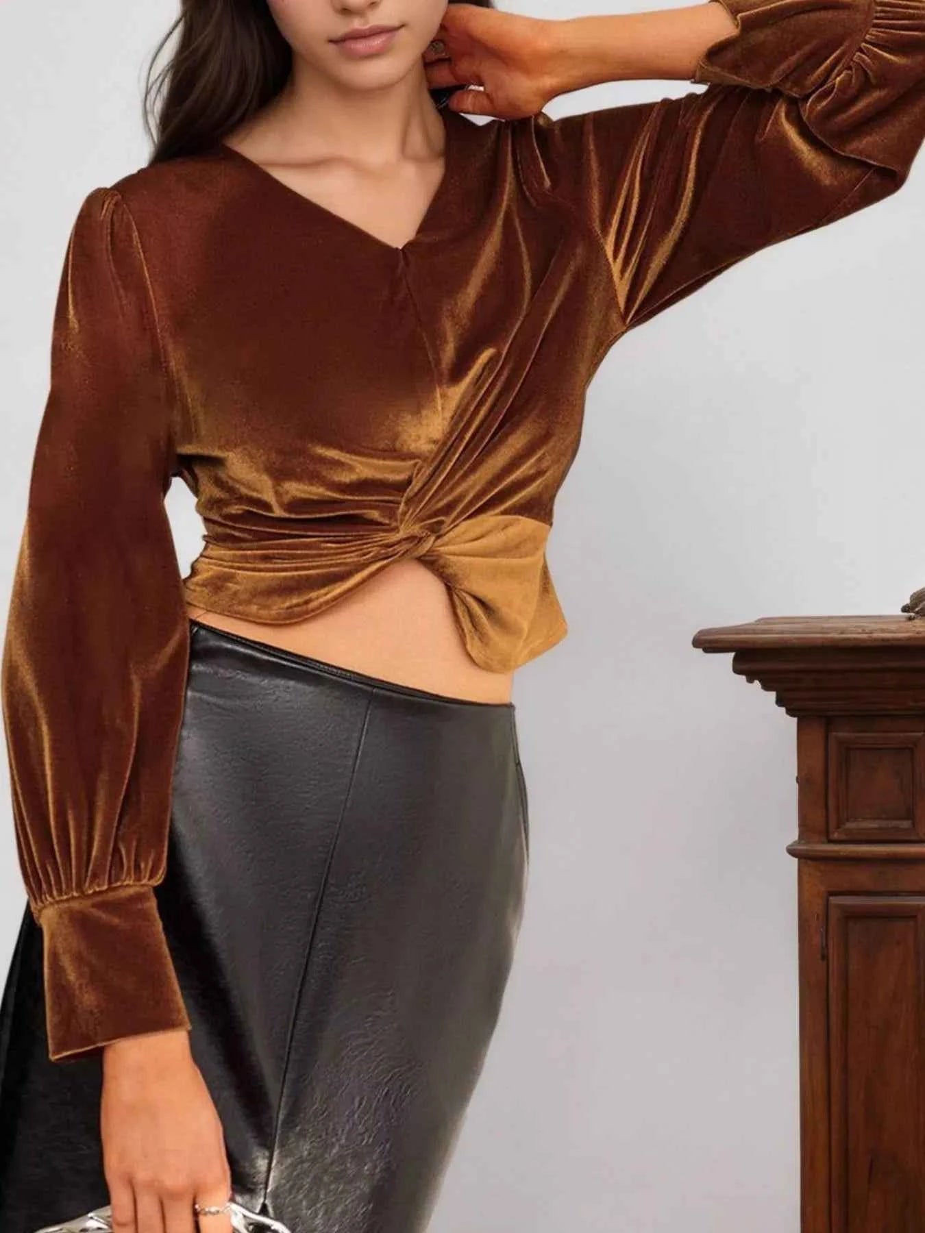 Twisted V-Neck Long Sleeve Blouse | Sugarz Chique Boutique