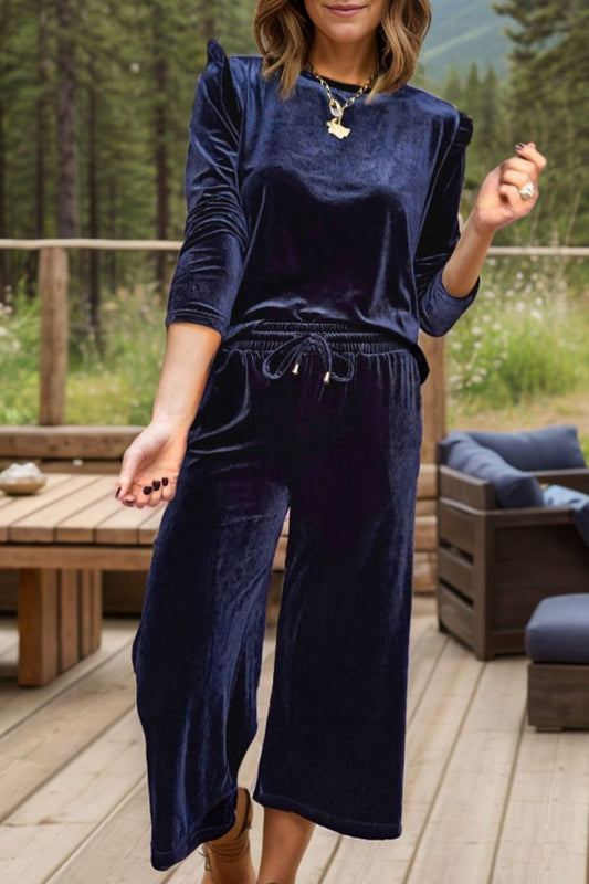 Velvet Round Neck Long Sleeve Top and Drawstring Pants Lounge Set | Sugarz Chique Boutique