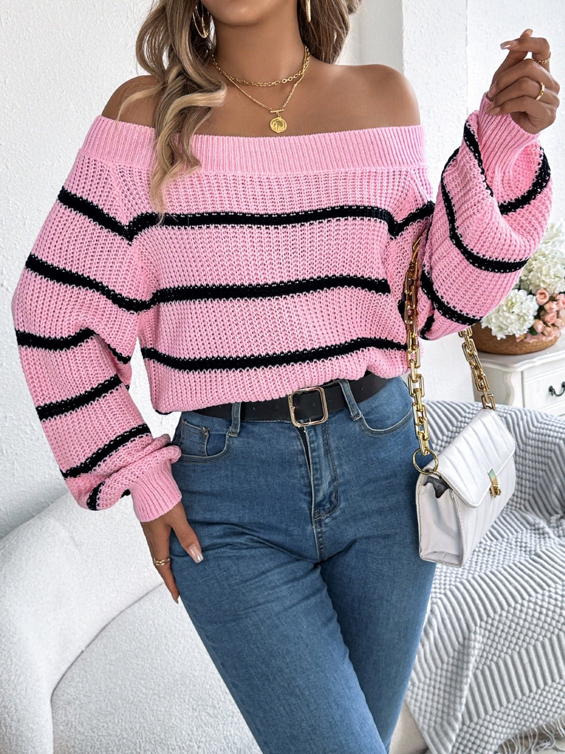 Striped Off-Shoulder Long Sleeve Sweater | Sugarz Chique Boutique