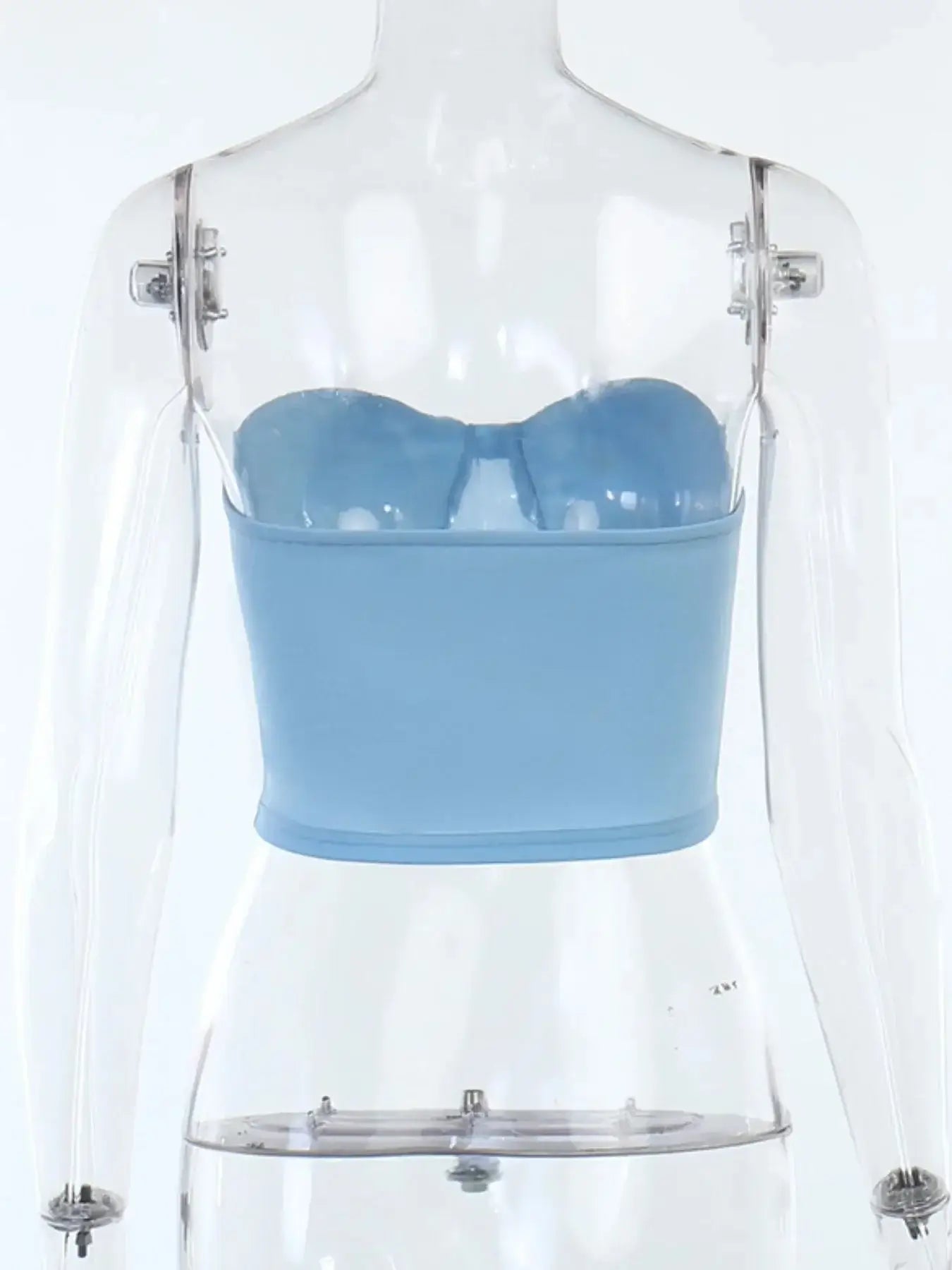 Back view of a light blue sweetheart neck tube top, slightly stretchy, made of 95% polyester and 5% spandex.
