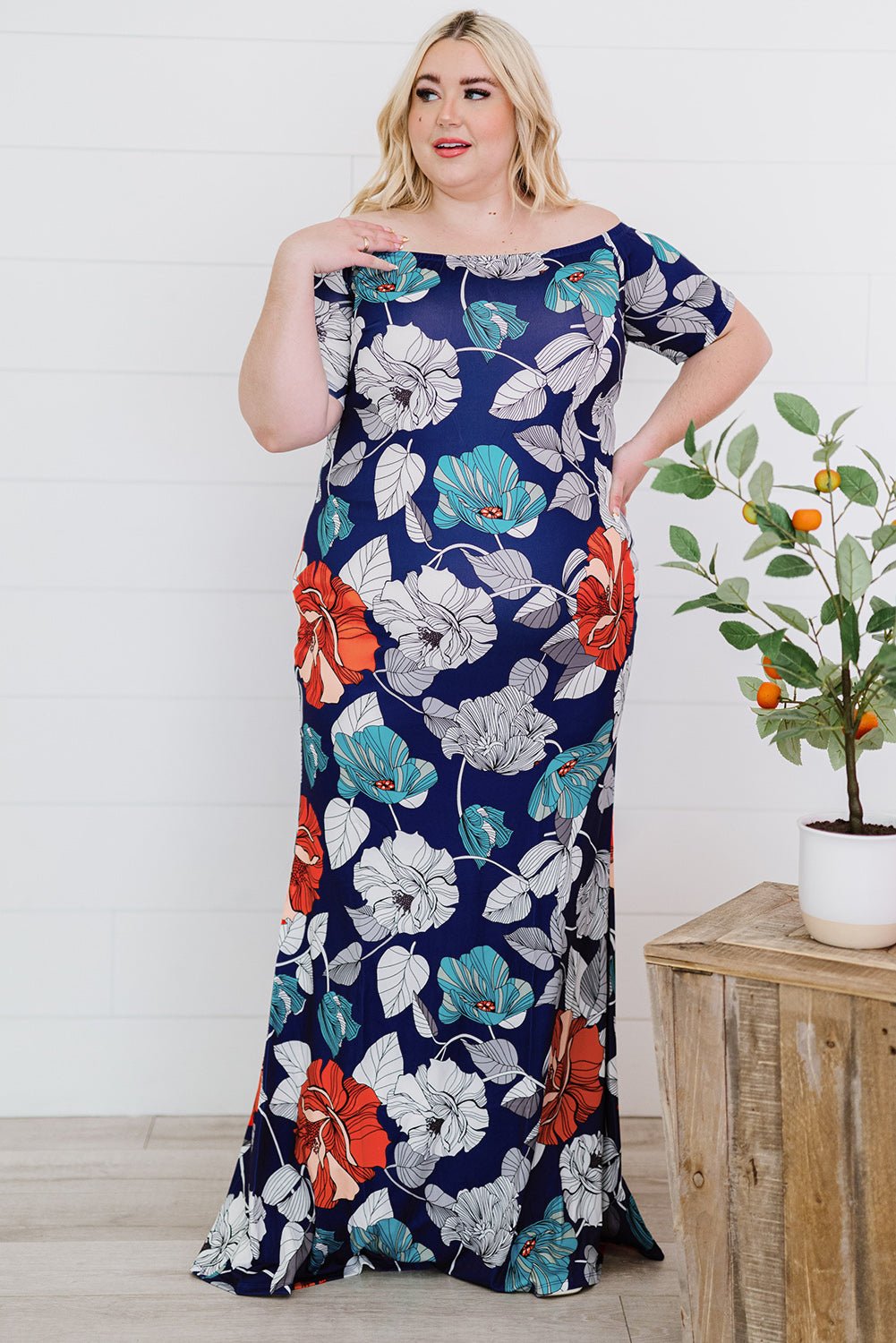 Plus Size Floral Off-Shoulder Short Sleeve Fishtail Dress | Sugarz Chique Boutique