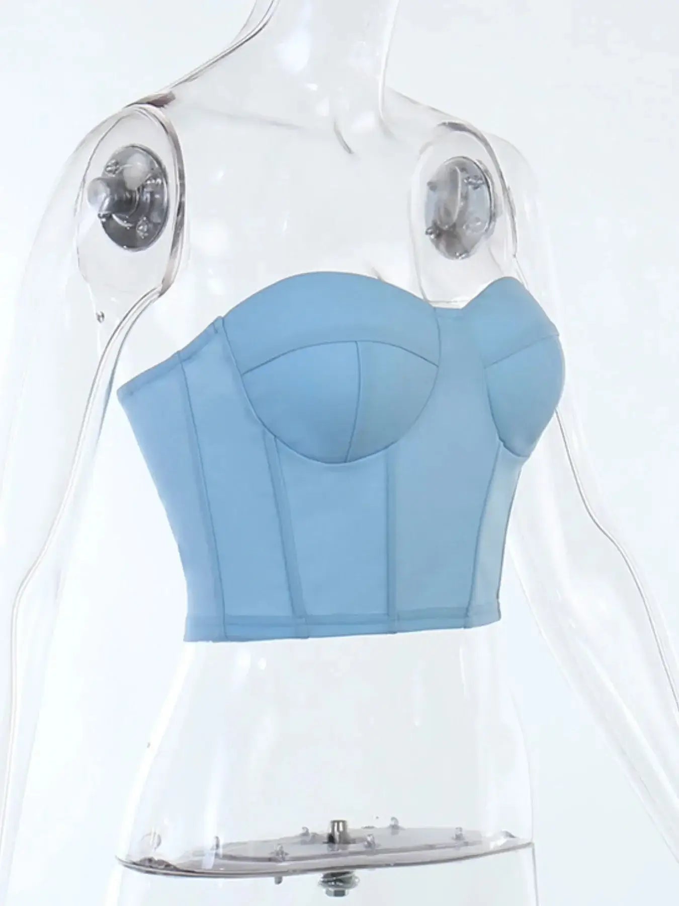 Light blue sweetheart neck tube top displayed on a clear mannequin, showcasing its stylish design and shape.