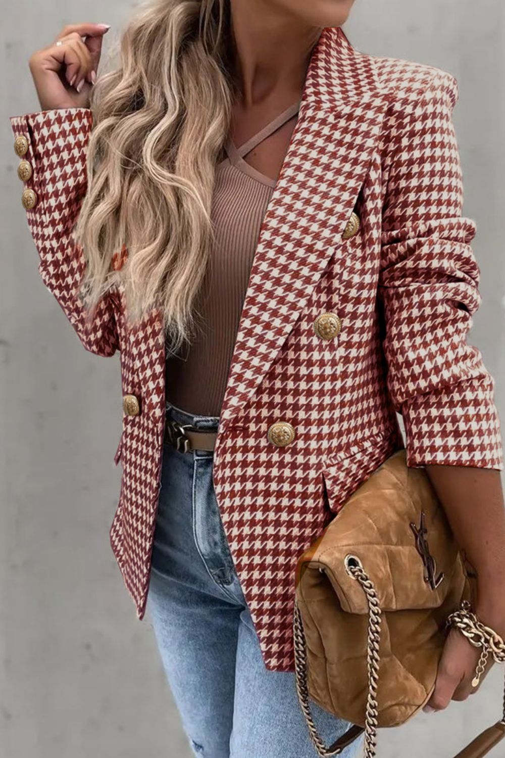 Houndstooth Collared Neck Double-Breasted Blazer | Sugarz Chique Boutique