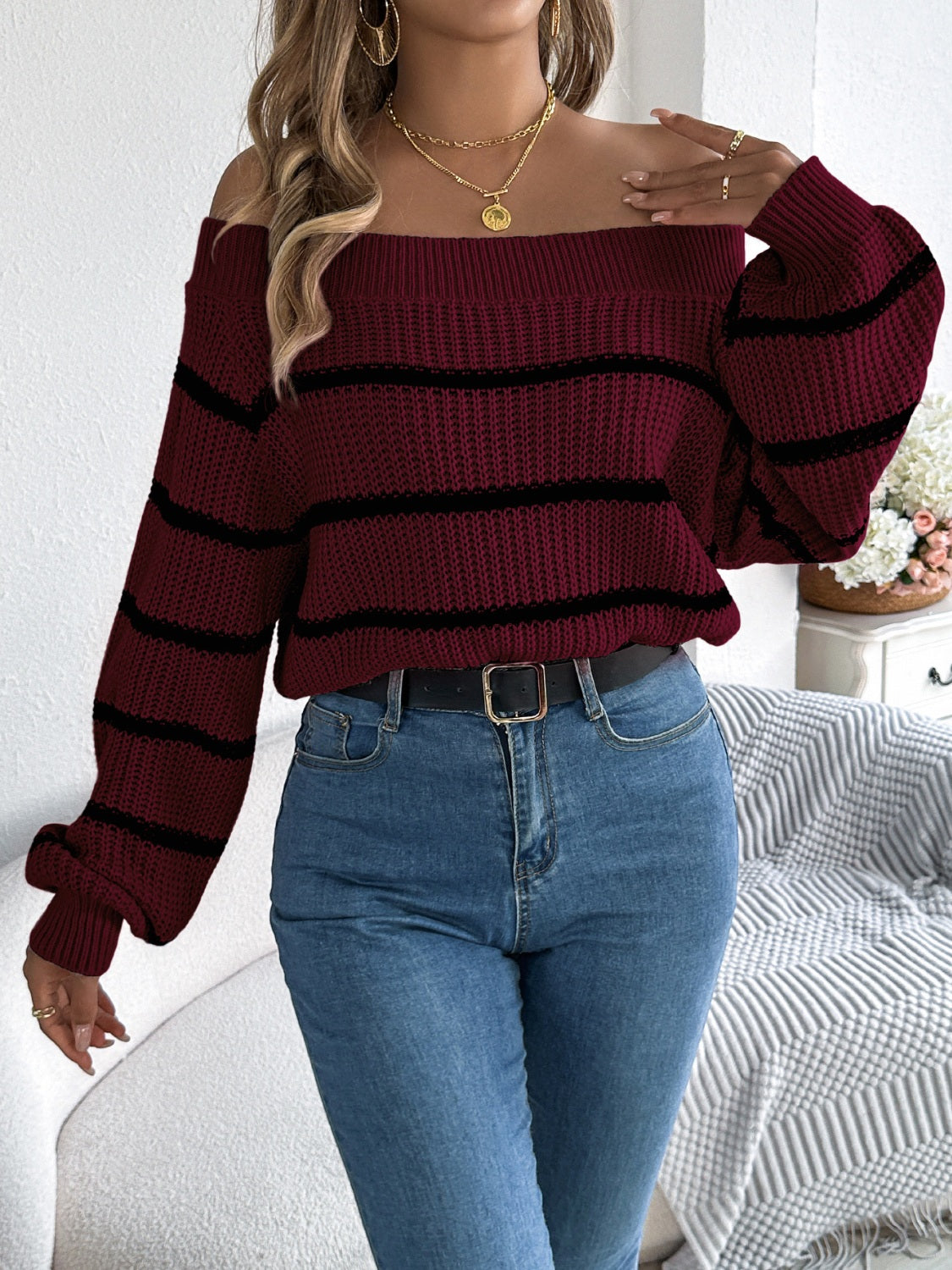 Striped Off-Shoulder Long Sleeve Sweater | Sugarz Chique Boutique