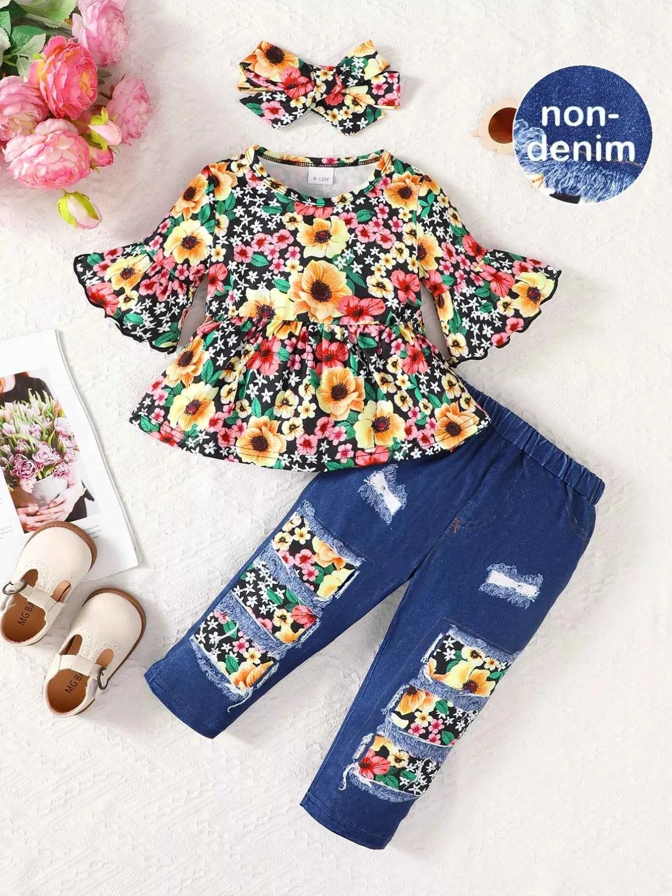Children's Floral Bell Sleeve Top and Pants Set
