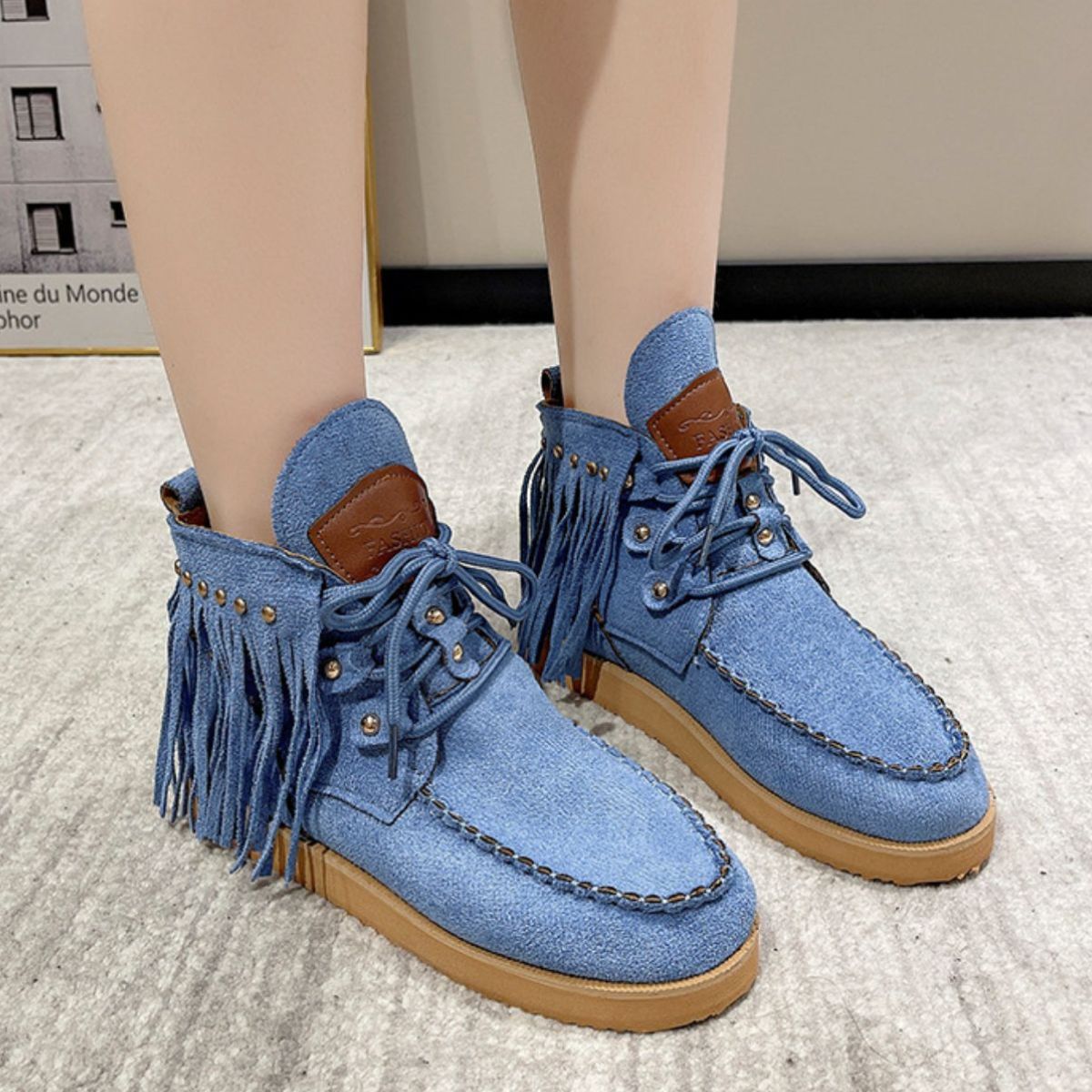 Fringe Studded Round Toe Canvas Boots | Sugarz Chique Boutique