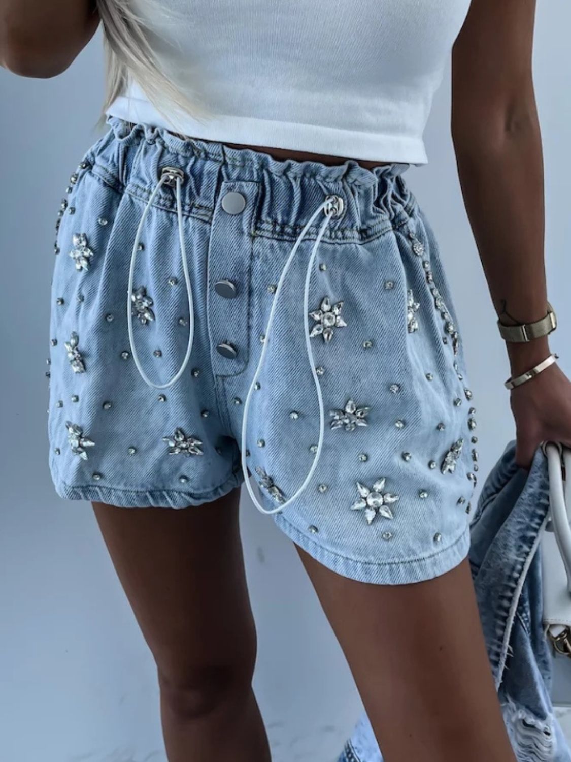 Rhinestone Drawstring Denim Shorts | Sugarz Chique Boutique