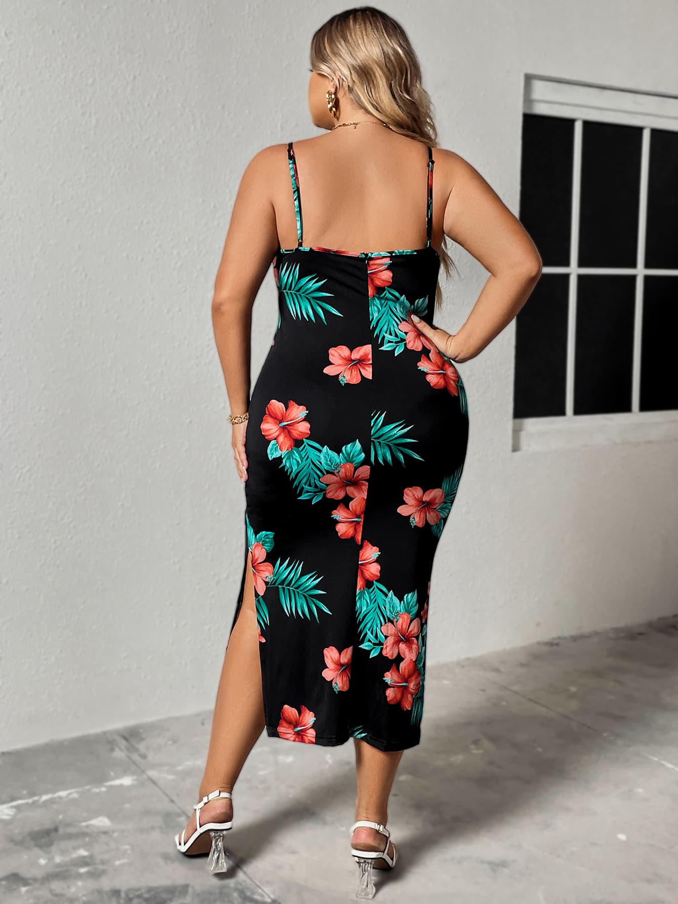 Plus Size Floral Spaghetti Strap Ruffled Slit Dress | Sugarz Chique Boutique