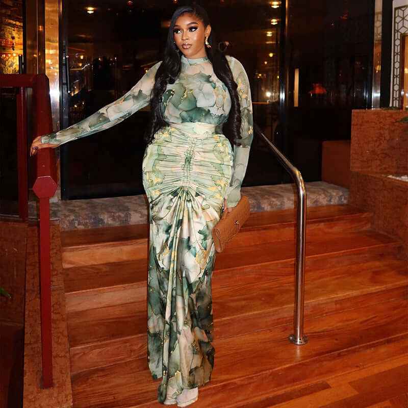 Printed Waist-wrapped Slim Fit Skirt Pleated Dress High Collar Two-piece Set