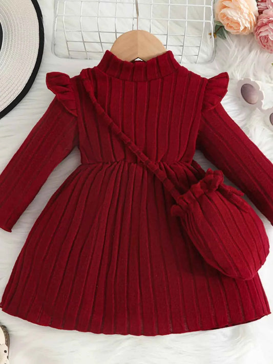Children's Ribbed Knit Ruffle Trim Dress with Bag