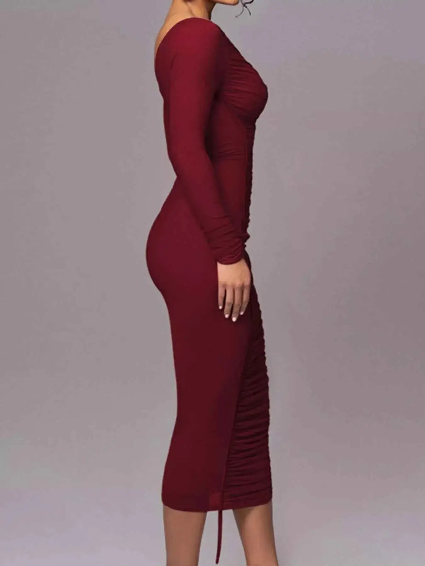 One-Shoulder Ruched Bodycon Midi Dress