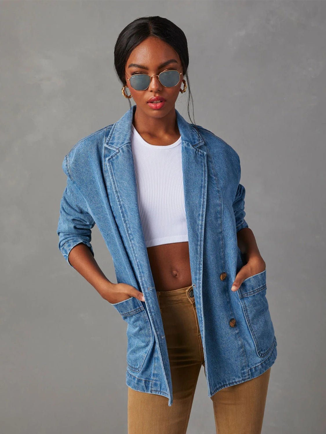 Collared Neck Long Sleeve Denim Jacket | Sugarz Chique Boutique