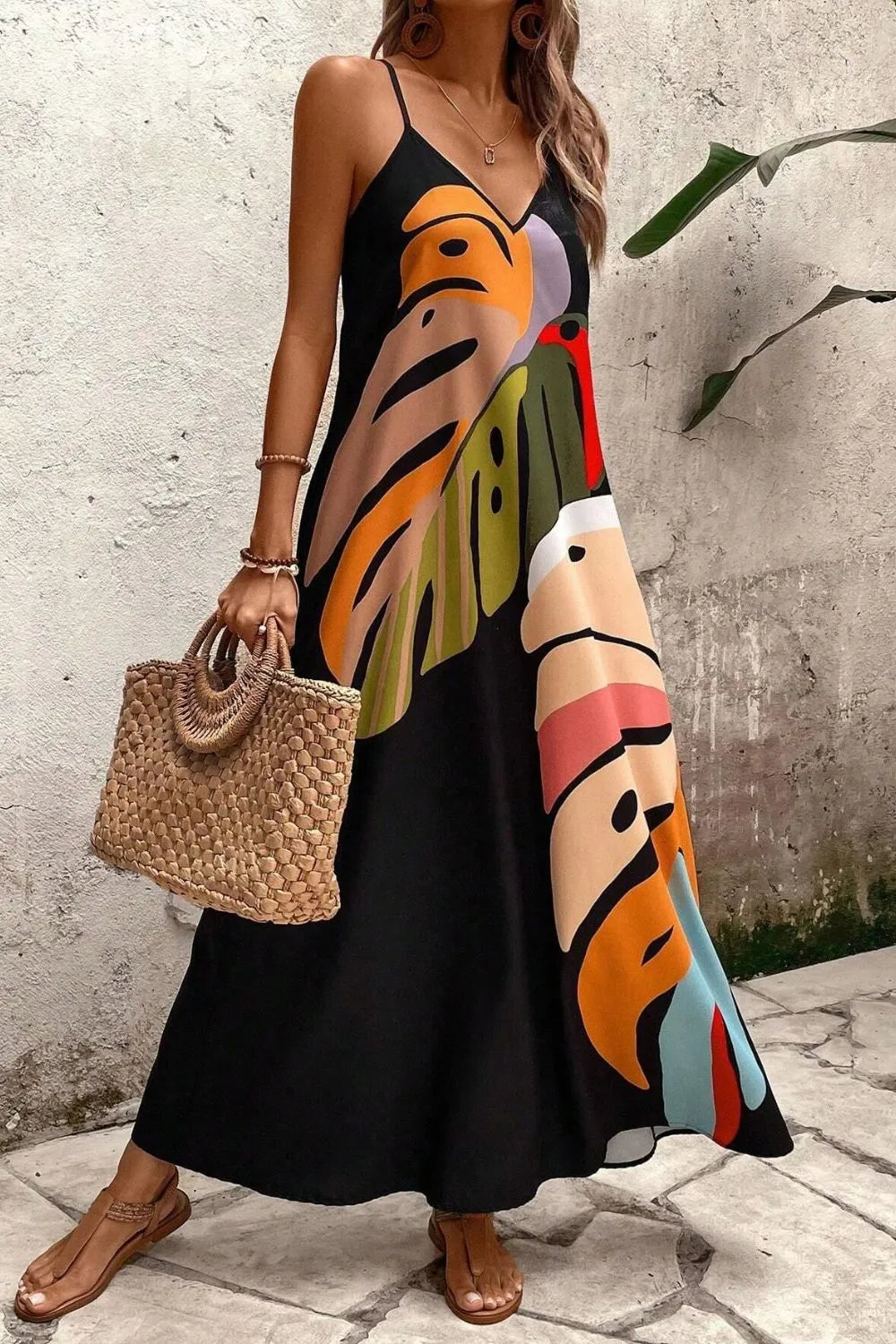 Sleeveless v-neck tropical leaf print beach dress