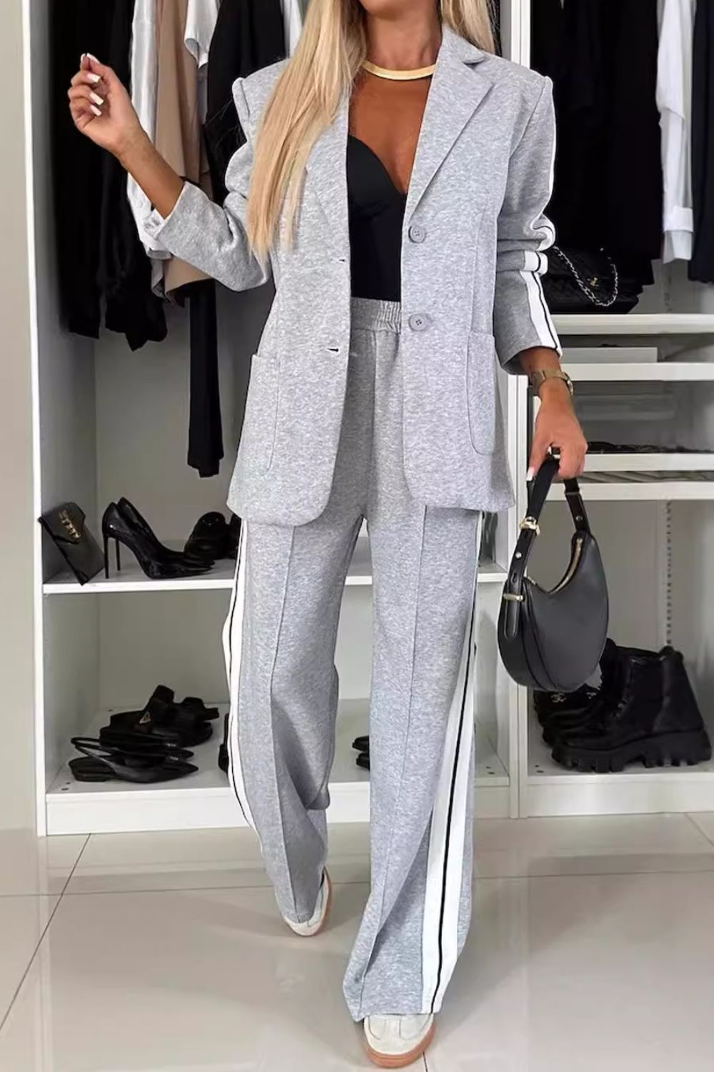 Full Size Contrast Lapel Collar Top and Pants Set | Sugarz Chique Boutique