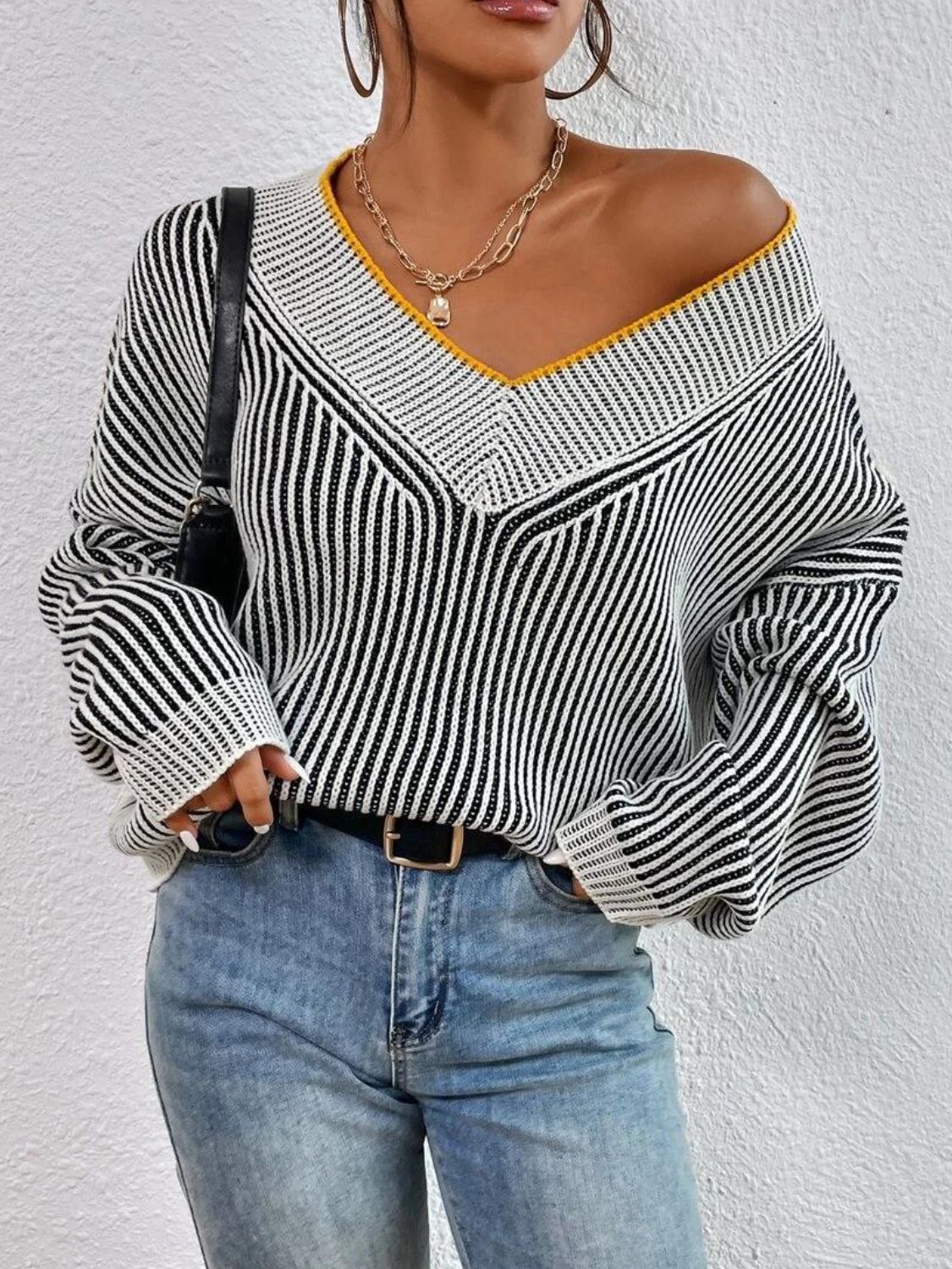 Striped V-Neck Long Sleeve Sweater | Sugarz Chique Boutique