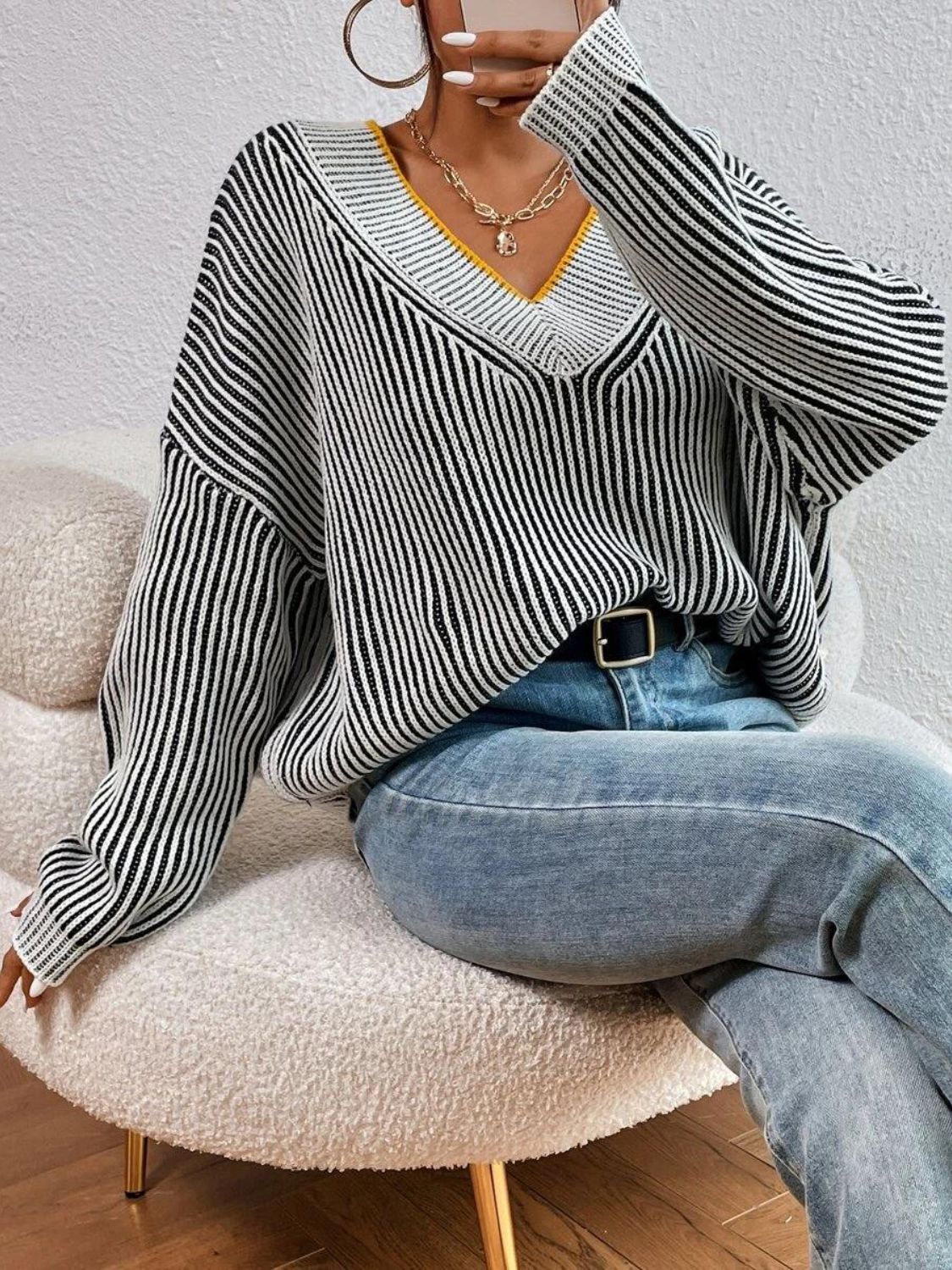 Striped V-Neck Long Sleeve Sweater | Sugarz Chique Boutique