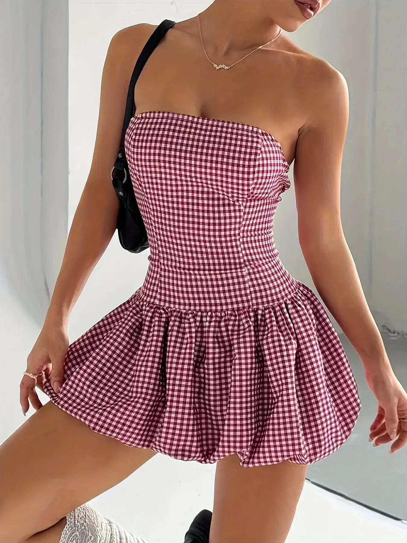Gingham Tube Bubble Hem Mini Dress | Sugarz Chique Boutique