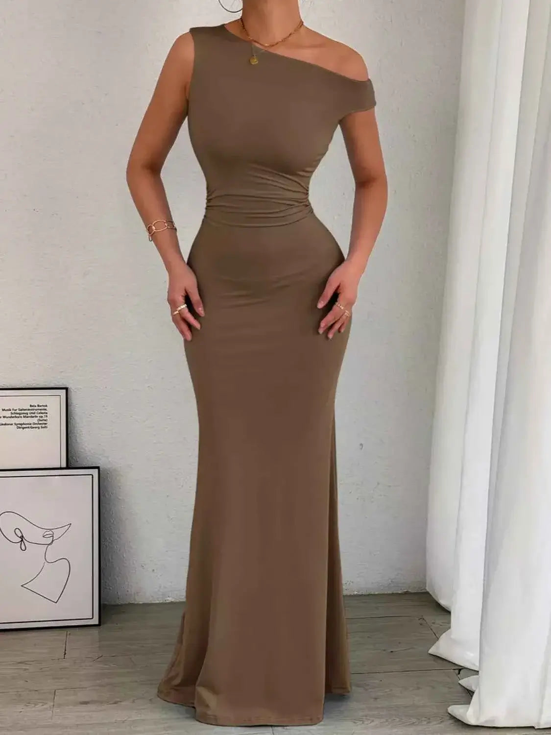 One-Shoulder Ruched Bodycon Maxi Dress