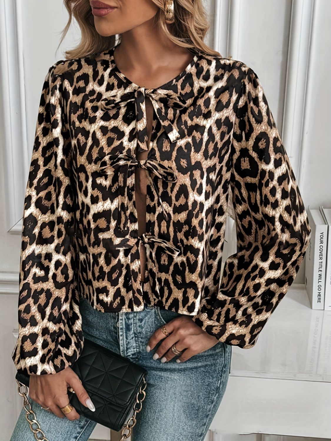 Tied Leopard Round Neck Long Sleeve Top | Sugarz Chique Boutique