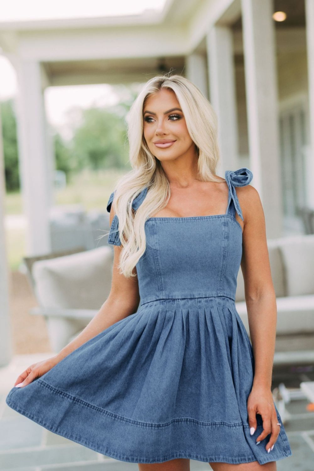 Square Neck Tie Shoulder Denim Dress | Sugarz Chique Boutique