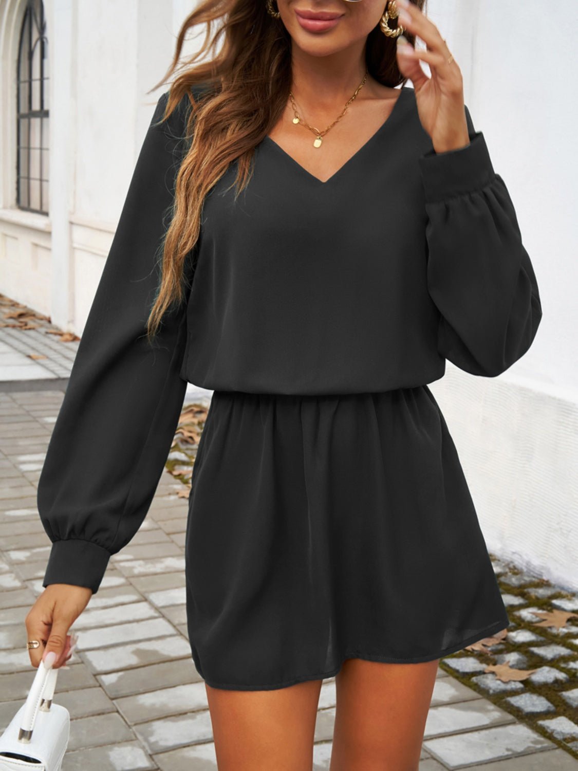 Devine Cutout V-Neck Long Sleeve Mini Dress | Sugarz Chique Boutique