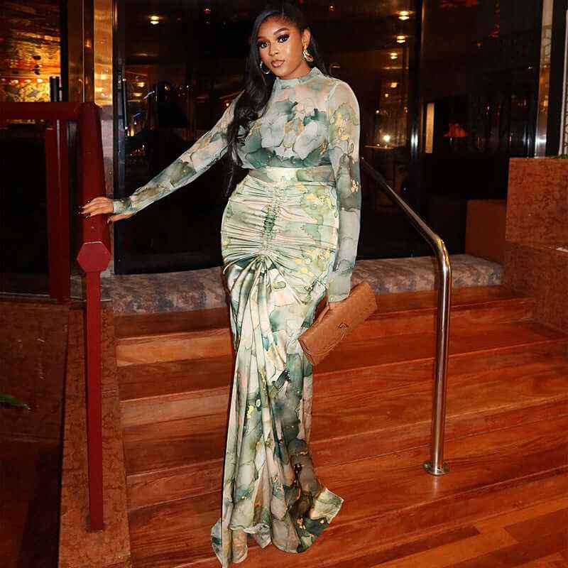 Printed Waist-wrapped Slim Fit Skirt Pleated Dress High Collar Two-piece Set