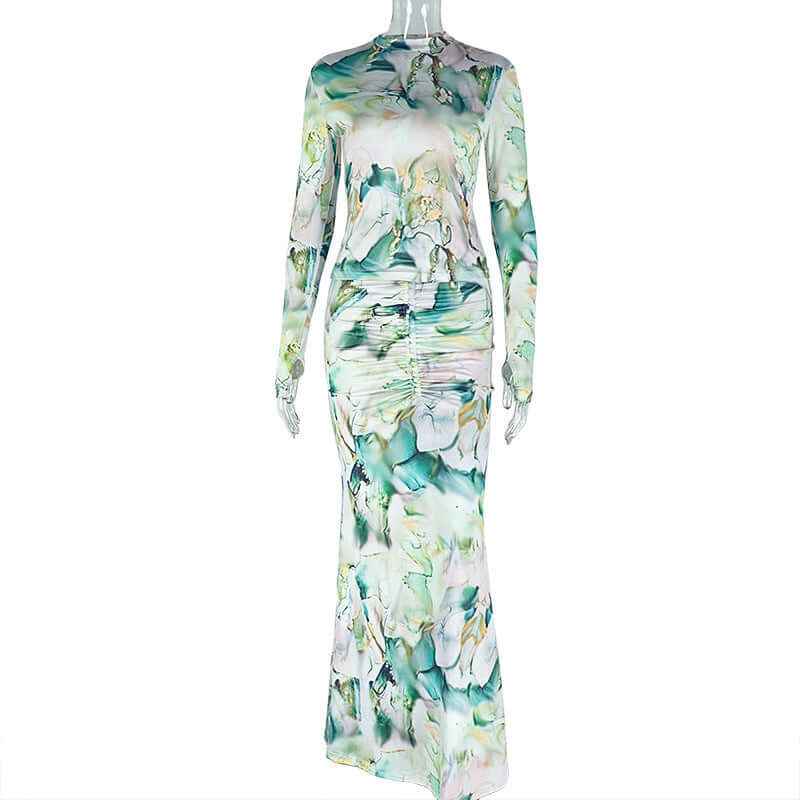 Printed Waist-wrapped Slim Fit Skirt Pleated Dress High Collar Two-piece Set