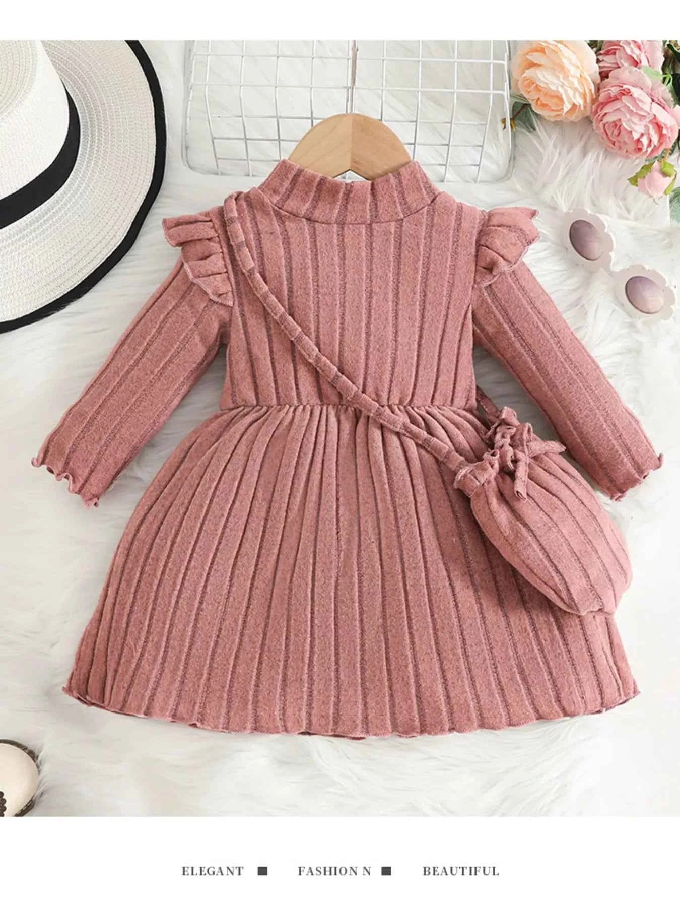 Children's Ribbed Knit Ruffle Trim Dress with Bag