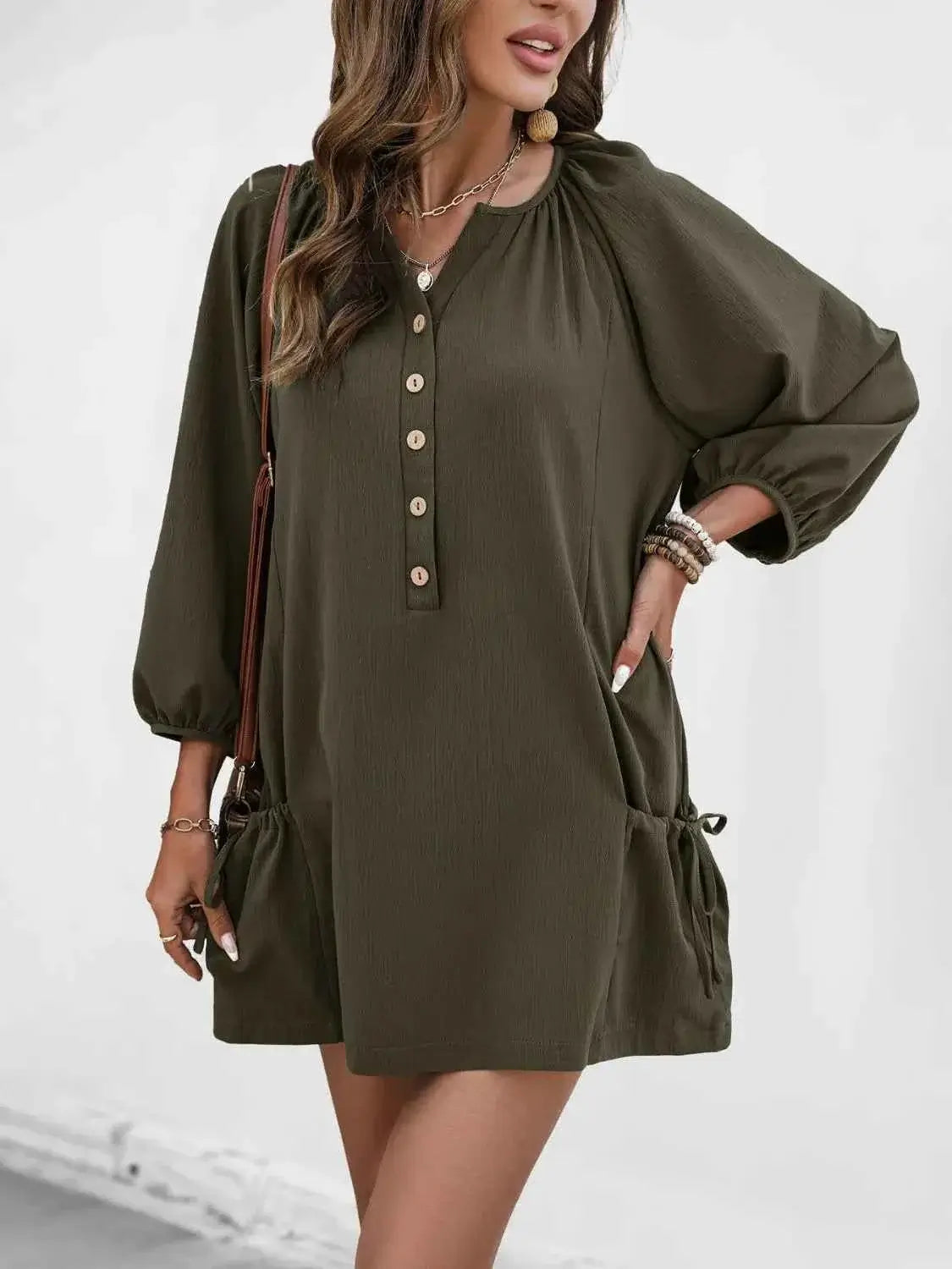 Button Front Balloon Sleeve Dress