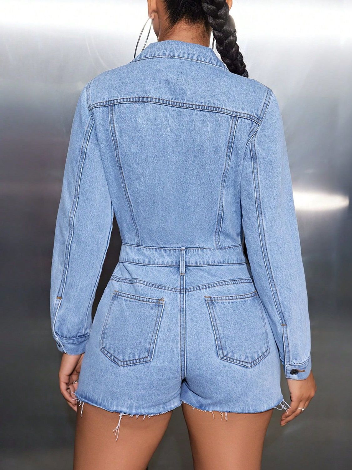 Buttoned Collared Neck Long Sleeve Denim Romper | Sugarz Chique Boutique