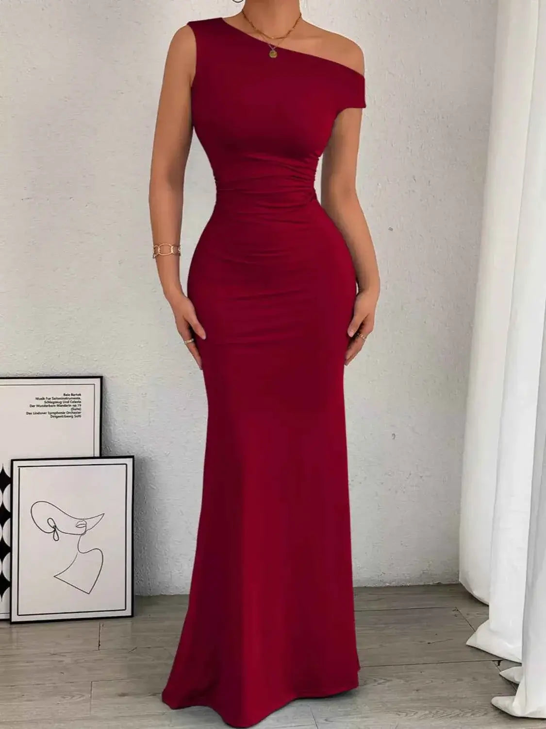 One-Shoulder Ruched Bodycon Maxi Dress