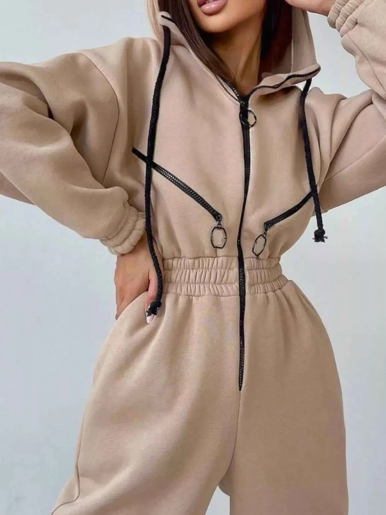 Hooded Zip-Up Long Sleeve Jumpsuit