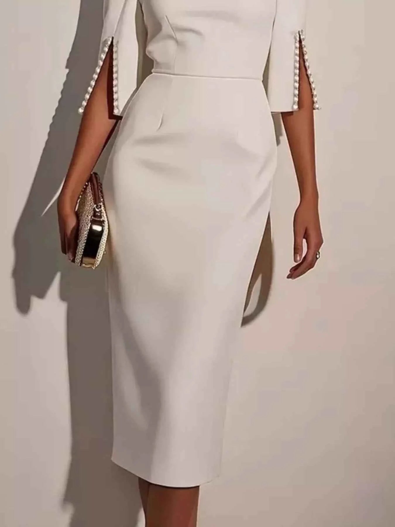 Slim-Fit Elegant Midi Dress with Beaded Slit Sleeve