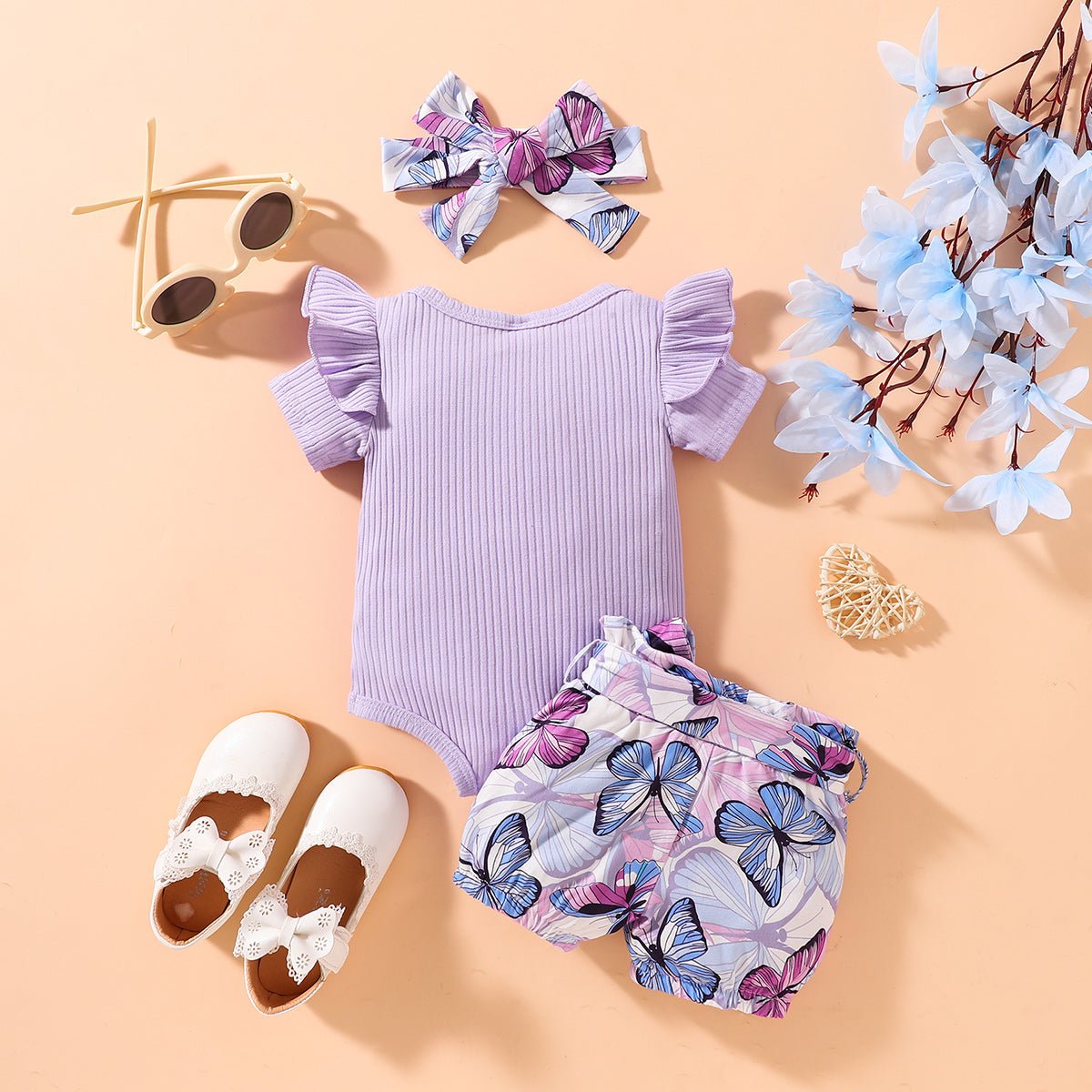Ribbed Ruffle Shoulder Bodysuit and Butterfly Print Shorts Set | Sugarz Chique Boutique