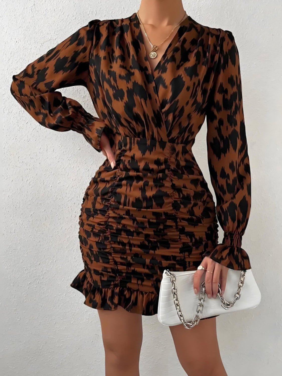 Ruched Ruffled Leopard Surplice Long Sleeve Dress | Sugarz Chique Boutique