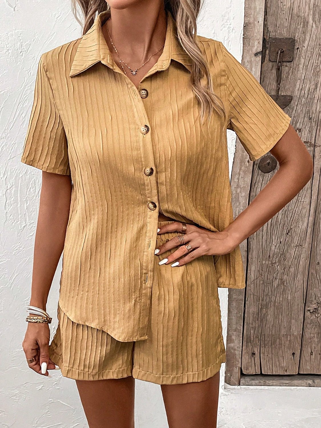 Textured Button Up Shirt and Shorts Set | Sugarz Chique Boutique