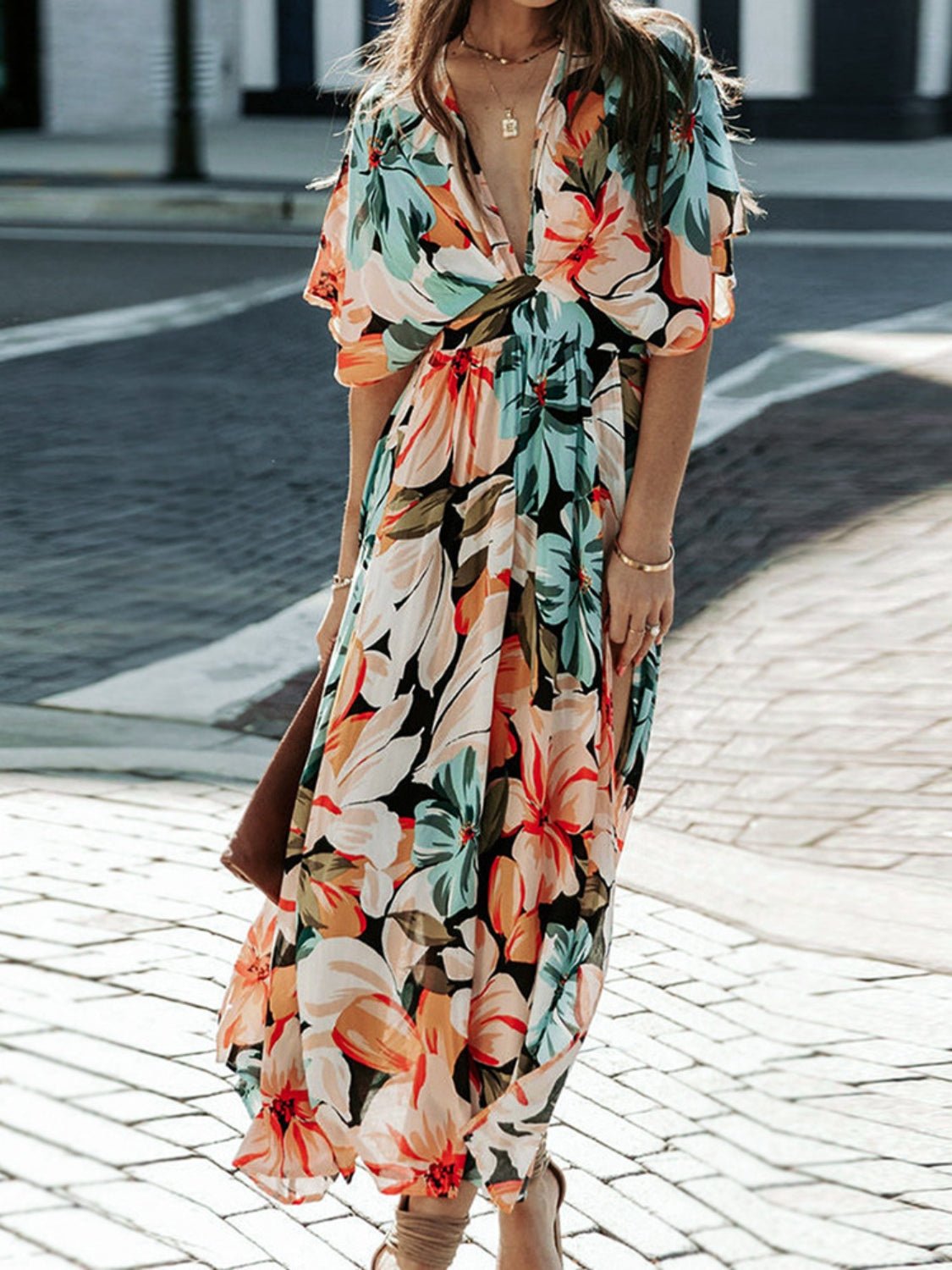 Floral Plunge Half Sleeve Dress | Sugarz Chique Boutique