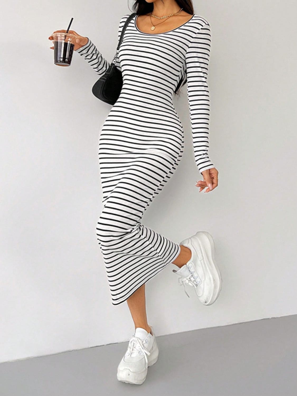 Striped Scoop Neck Long Sleeve Midi Tee Dress | Sugarz Chique Boutique