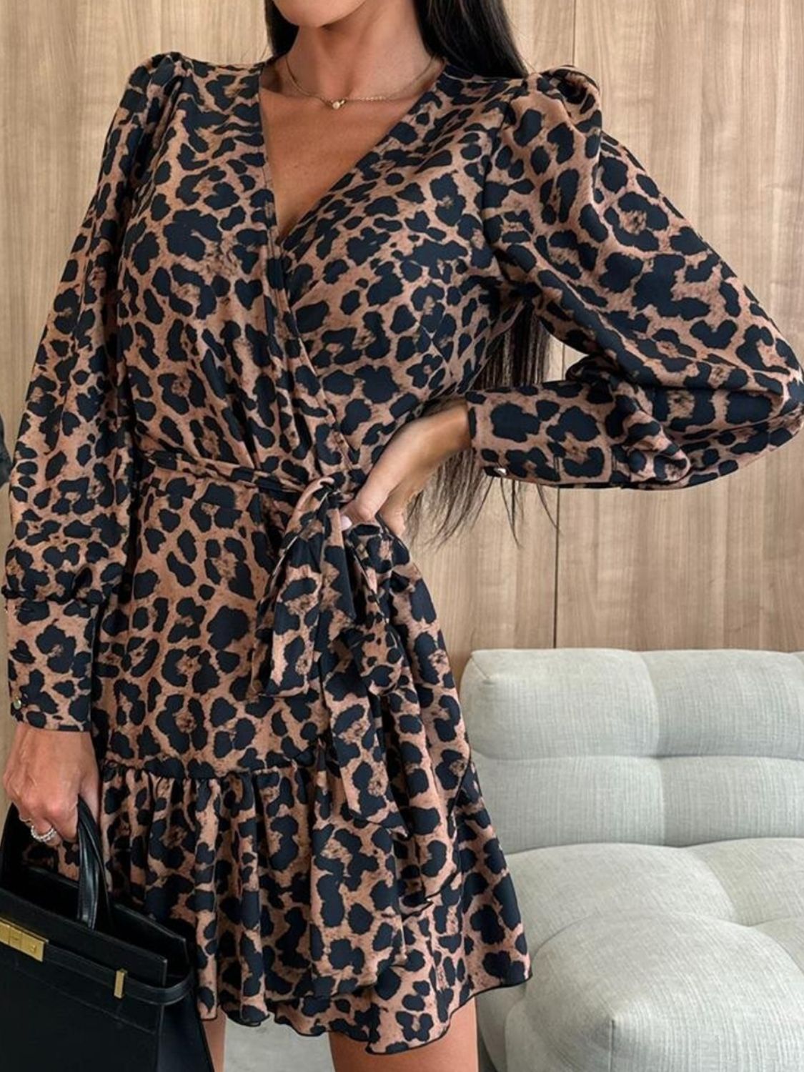 Tied Leopard Surplice Long Sleeve Dress | Sugarz Chique Boutique