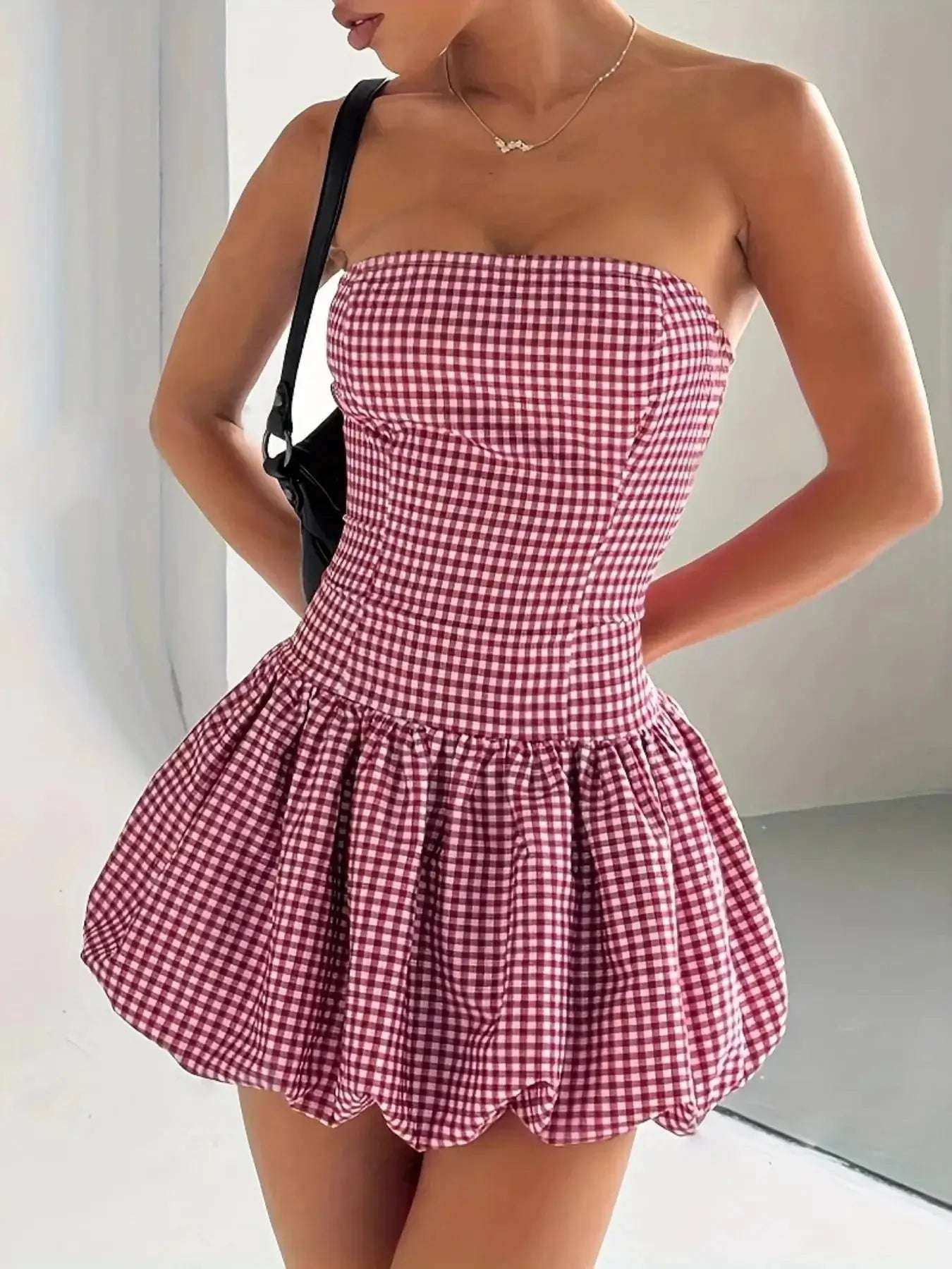 Gingham Tube Bubble Hem Mini Dress | Sugarz Chique Boutique