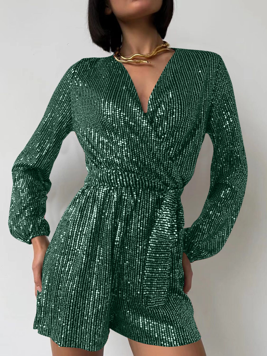 Full Size Sequin Surplice Tie Waist Long Sleeve Romper | Sugarz Chique Boutique