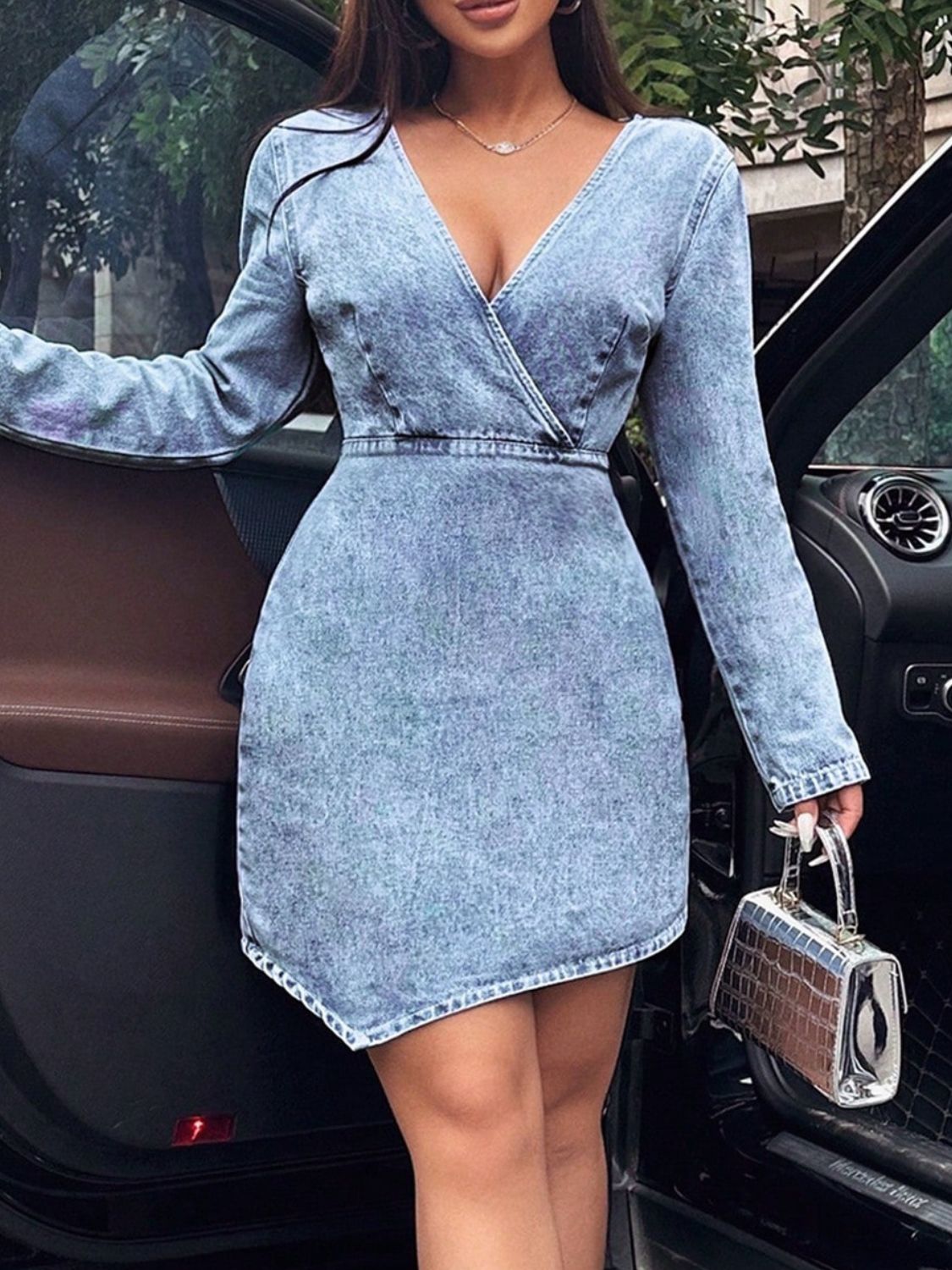 Surplice Long Sleeve Denim Dress | Sugarz Chique Boutique