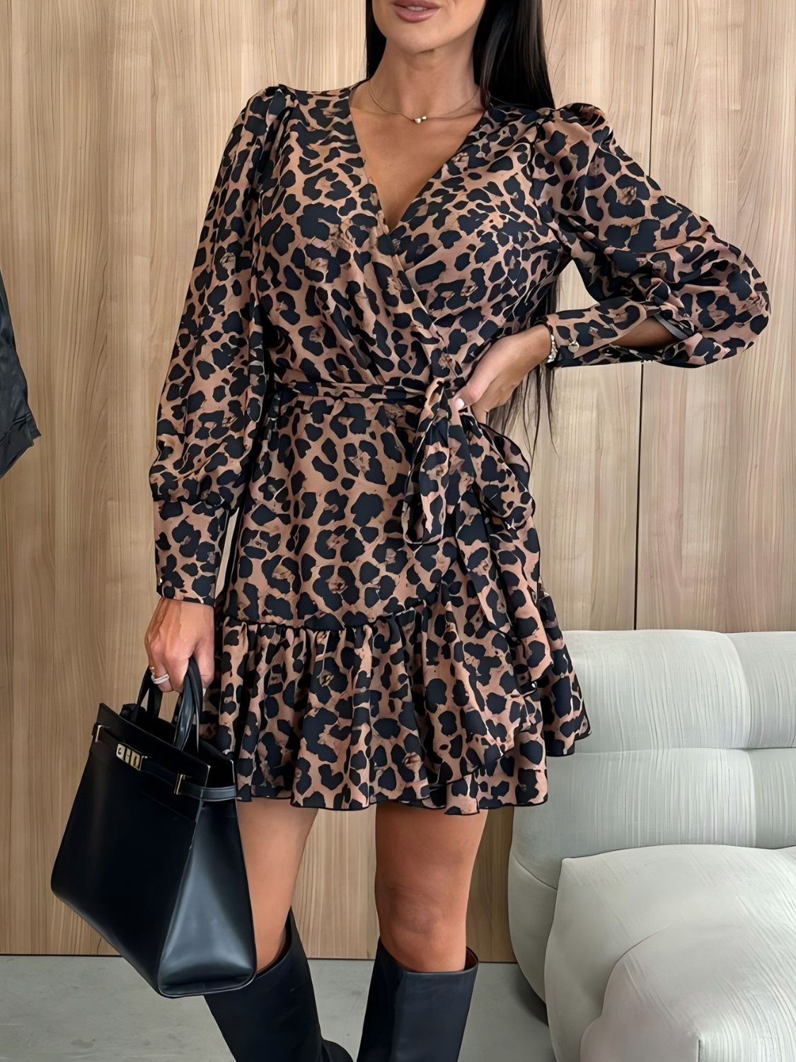 Tied Leopard Surplice Long Sleeve Dress | Sugarz Chique Boutique