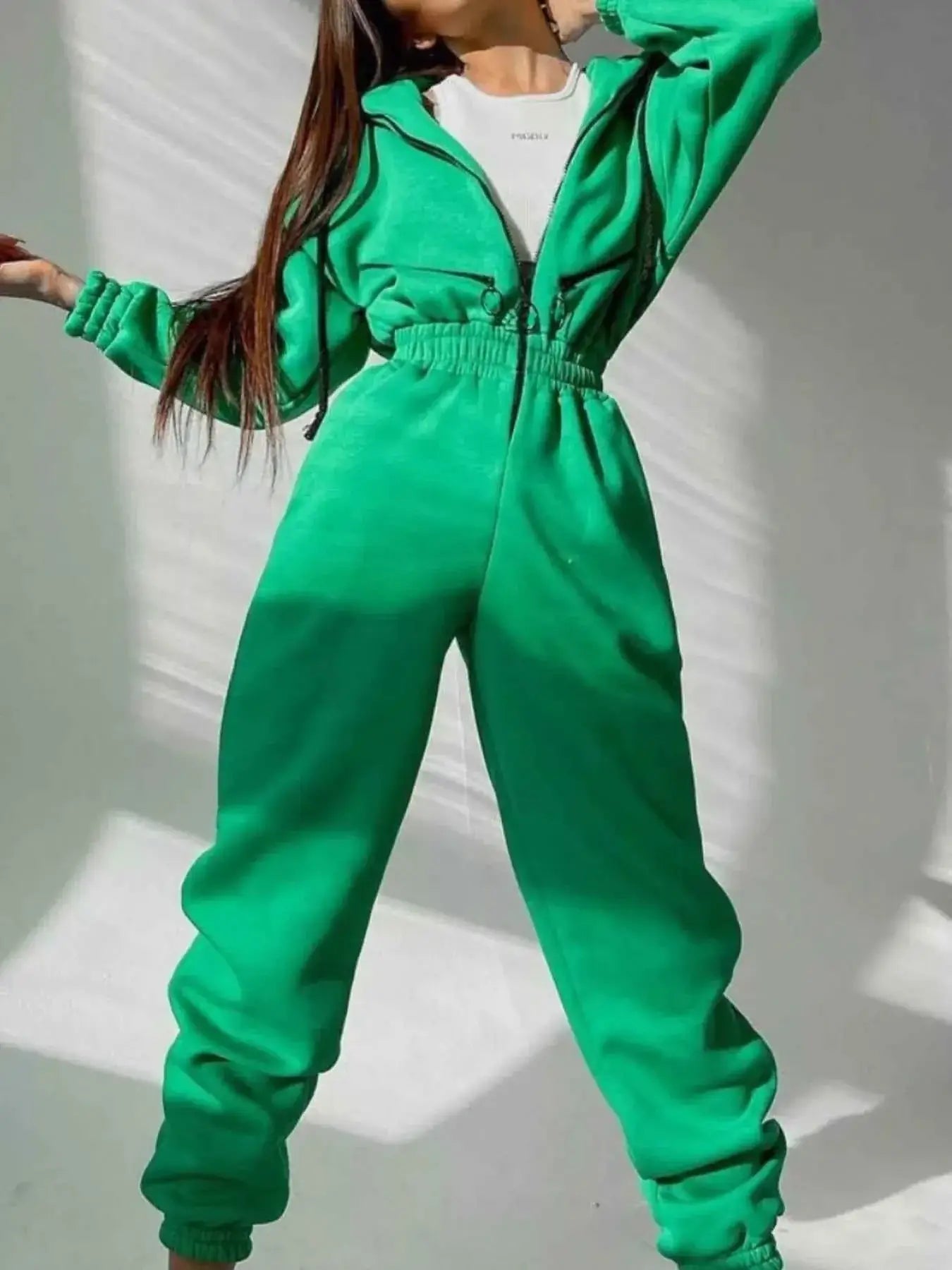 Hooded Zip-Up Long Sleeve Jumpsuit